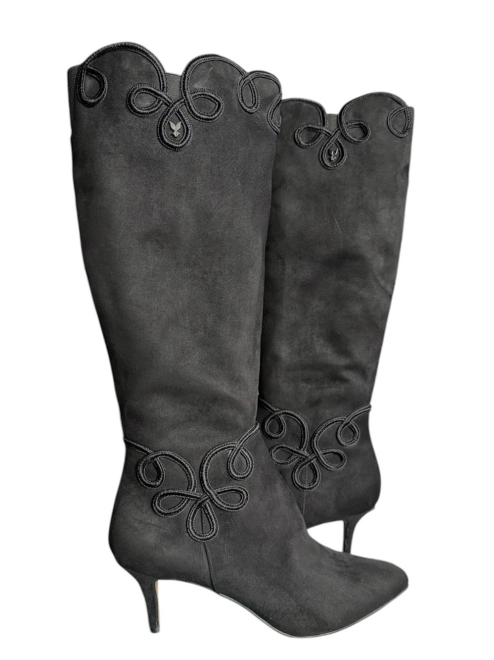 J.Renee Black Suede Knee High Boots Embroidered Pointed Toe Heel 11M Women - Picture 5 of 10